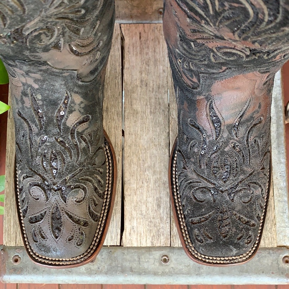 STETSON Sequin Square Toe Black Western Boots 7 - Picture 8 of 13